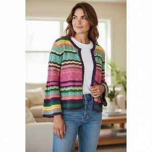 Soft Surroundings Womens Sweater M Monteverde Stripe Colorful Cardigan Retro Y2K